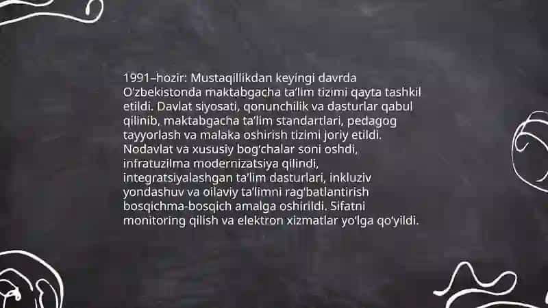 Oʻzbekistonda ommaviy maktabgacha taʼlim tashkilotlarining rivojlanishi va unda bolalarning ijtimoiylashuvi tarixi 4