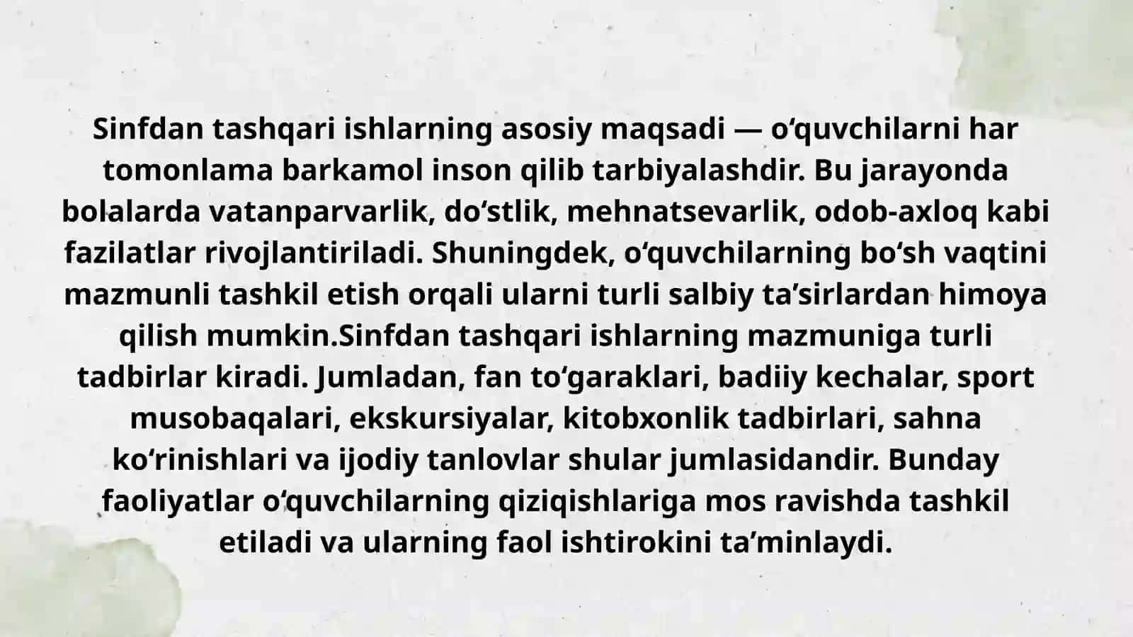 4-sinfda oʻquvchilarning sinfdan tashqari ishlarni tashkil qilish metodikasi 4