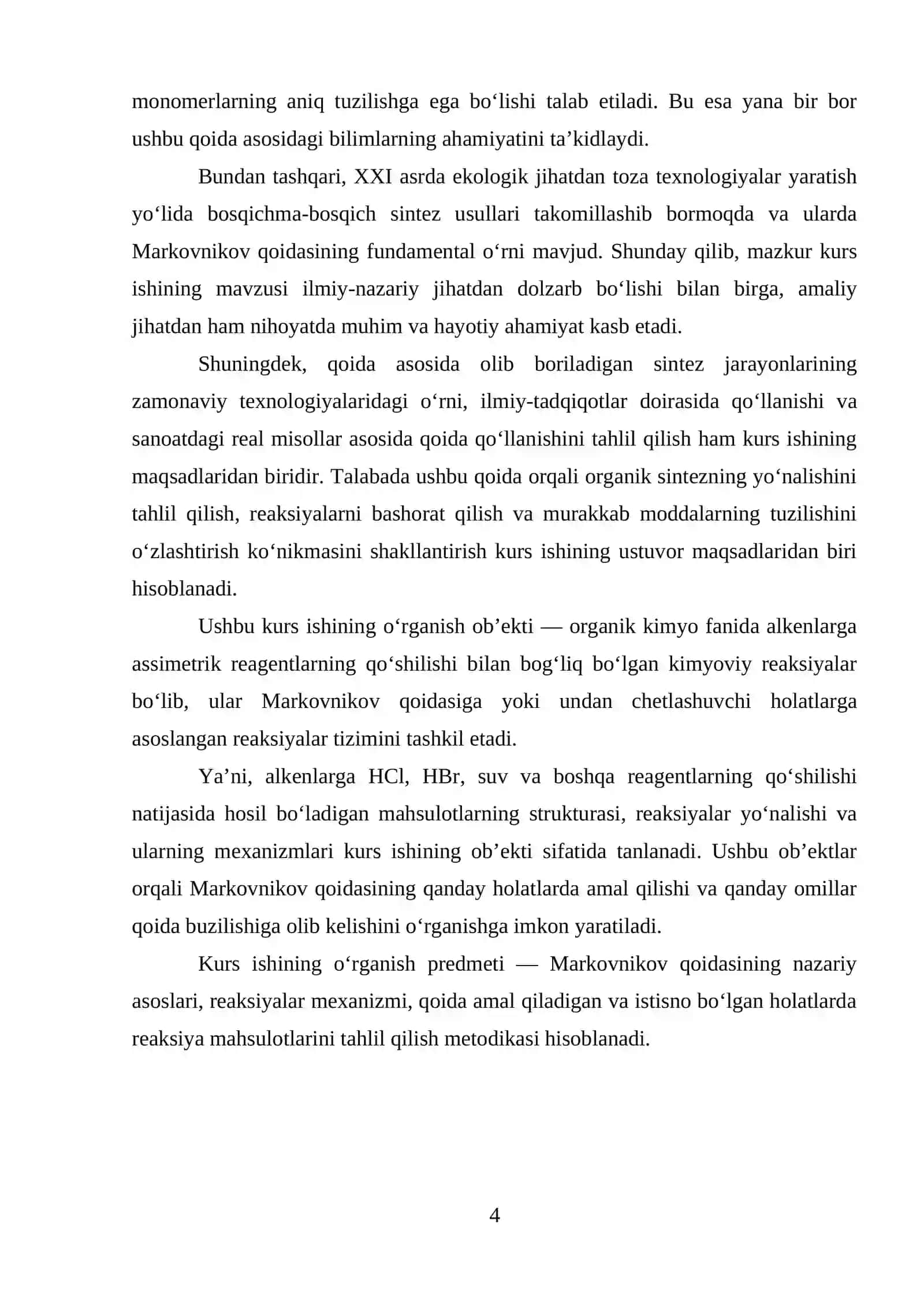 Markovnikov qoidasi kurs ishi 4