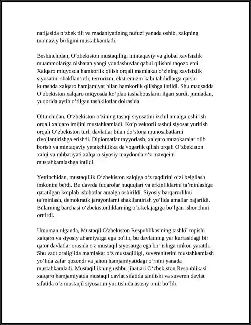 MUSTAQIL O'ZBEKISTON RESPUBLIKASI TASHKIL TOPISHINING TARIXIY AHAMIYATI 4