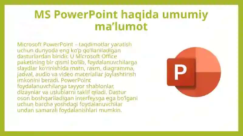 Taqdimotlar yaratish dasturlari MS Power Point haqida umumiy ma'lumotlar, imkoniyatlari. Prezi.com dasturlari va ulardan foydalanish asoslari. 4