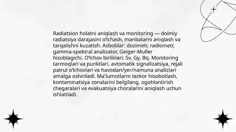 Favqulotda vaziyatni baholash. Radiatsion holat. Radioaktiv zararlanish manbaalari. Zonalar tavsifi 4
