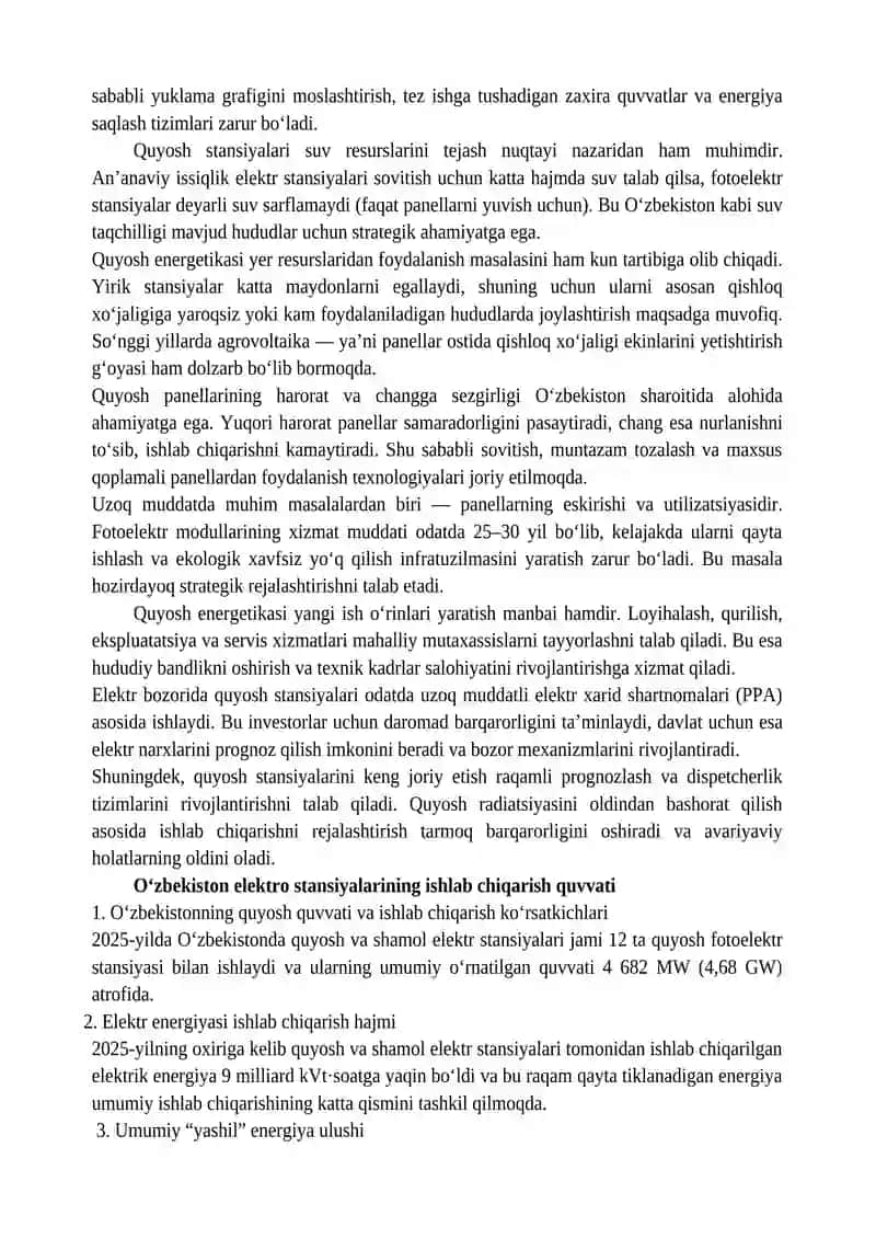 Quyosh elektro stansiyalarining Oʻzbekiston elektr tizimidagi oʻrni 4