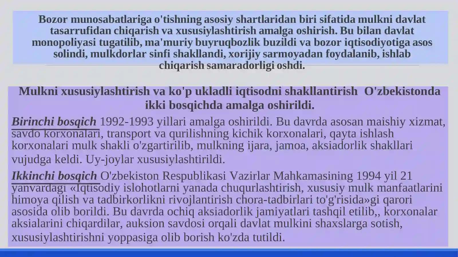 O‘ZBEKISTONDA IQTISODIY ISLOHOTLARNING AMALGA OSHIRILISHI, BOZOR MUNOSABATLARINING RIVOJLANISHI 4
