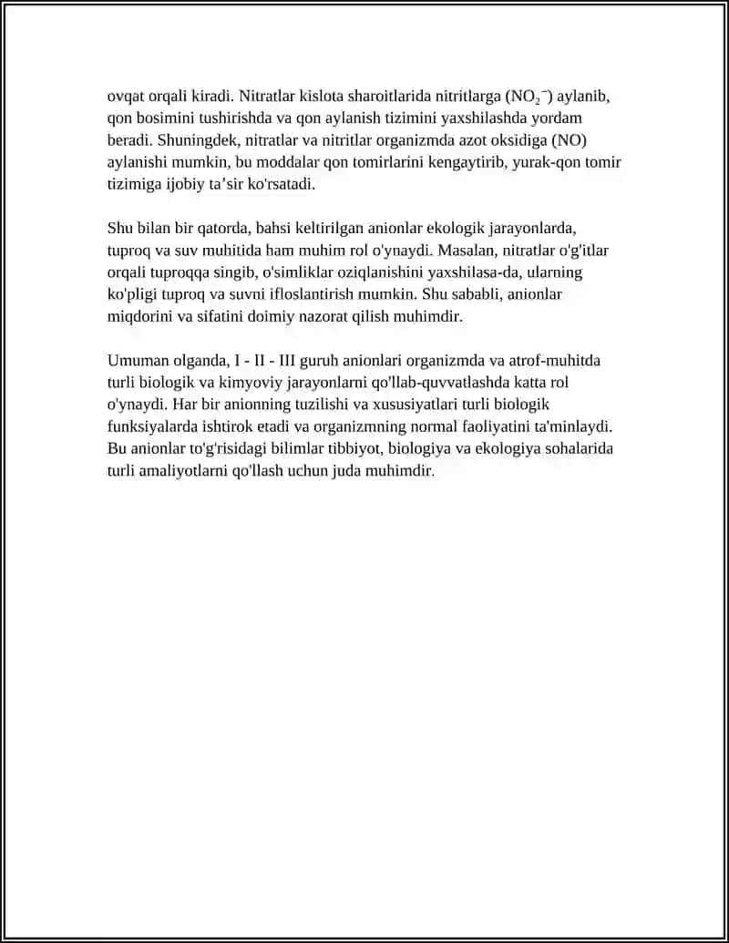 I - II - III - GURUH ANIONLARINI BIOLOGIK AHAMIYATI. NITRAT ANIONINI ANIQLASH REAKSIYASI 4