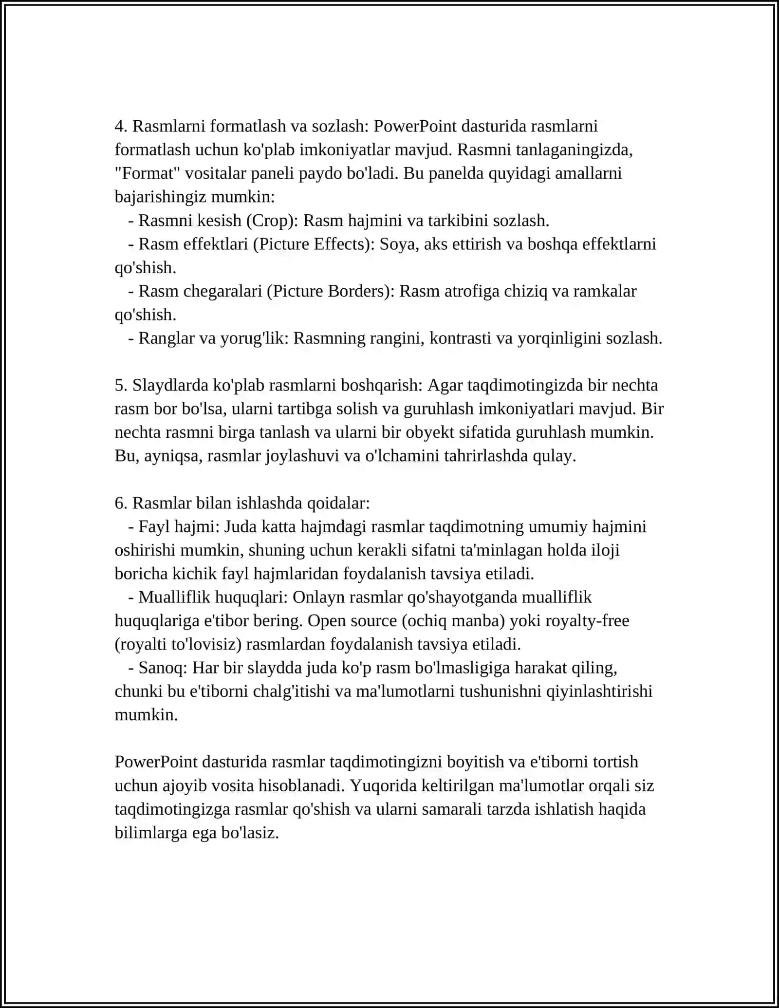 POWERPOINT DASTURIDA RASMLAR, JADVALLAR VA DIAGRAMMALAR BILAN ISHLASH 4