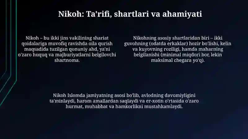 Islom huquqshunosligida oila, nikoh, taloq, idda, zihor, tushunchaarini ta‘riflash 4