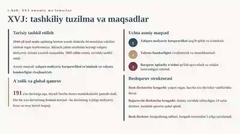 Xalqaro valyuta jamgʻarmasining faoliyati haqida 25 betdan iborat ajoyib uslubda qilingan taqdimot. javob beraman hech bir bot yoki sayt bunday qilib bera olmaydi. olganingizga achinmaysiz 4