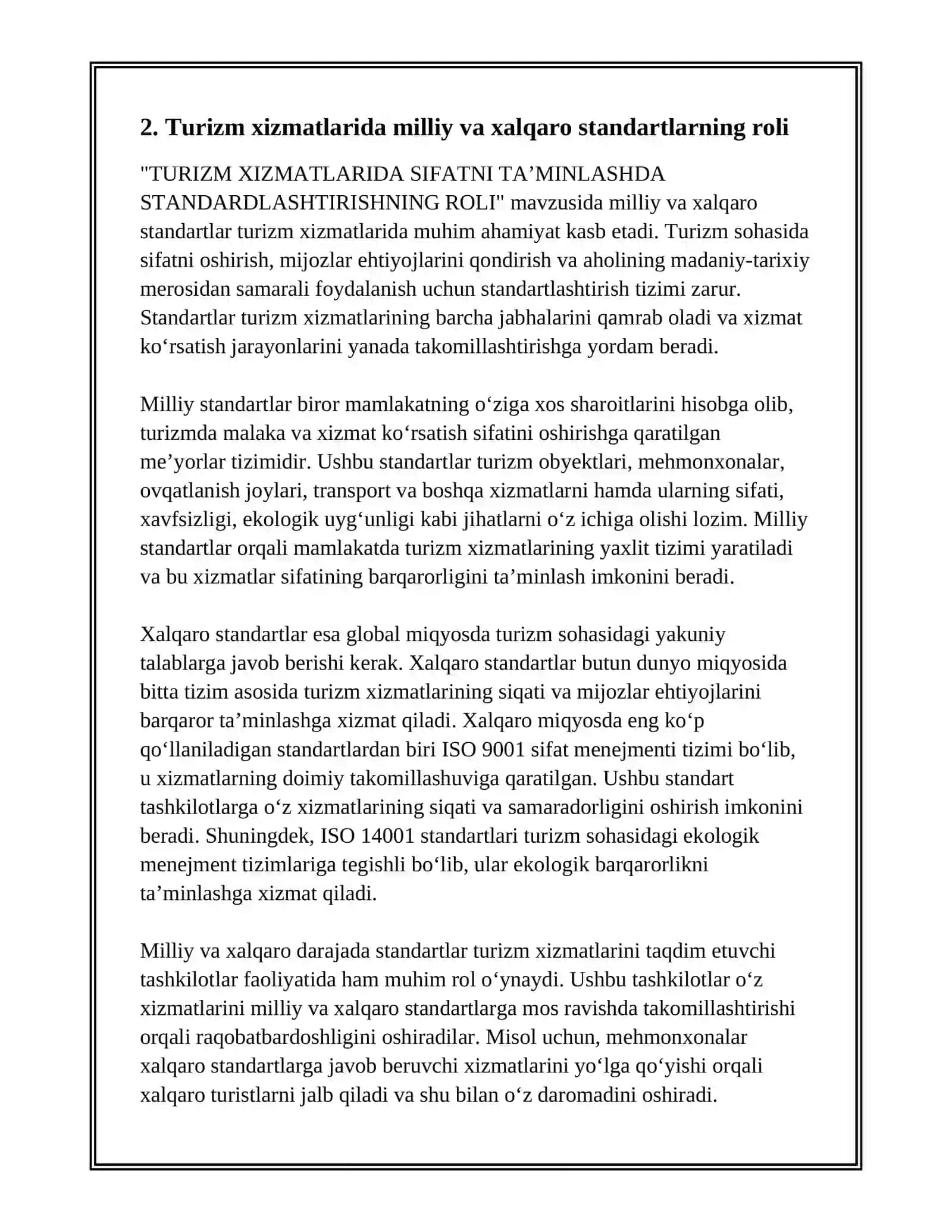 TURIZM XIZMATLARIDA SIFATNI TAʼMINLASHDA STANDARDLASHTIRISHNING ROLI 4