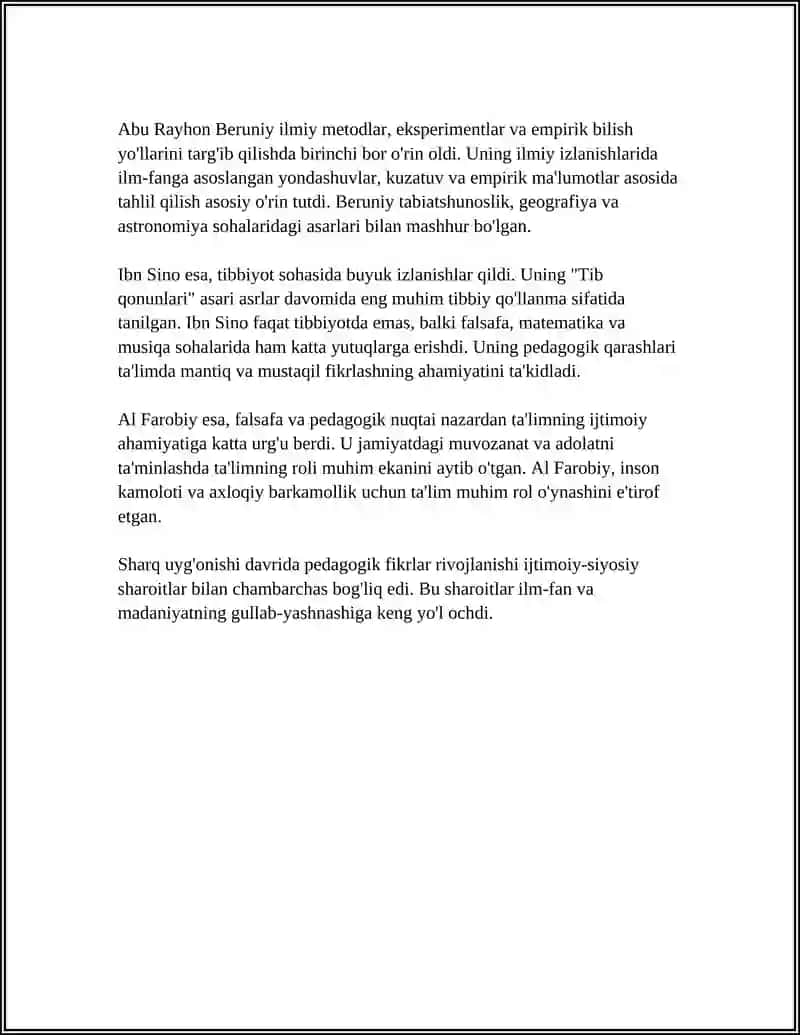 SHARQ UYĞONISH DAVRIDA PEDAGOGIK FIKRLARNING RIVOJLANISHI ABU RAYHON BERUNIY İBN SINO AL FAROBIYNING PEDAGOGIK QARASHLARI 4