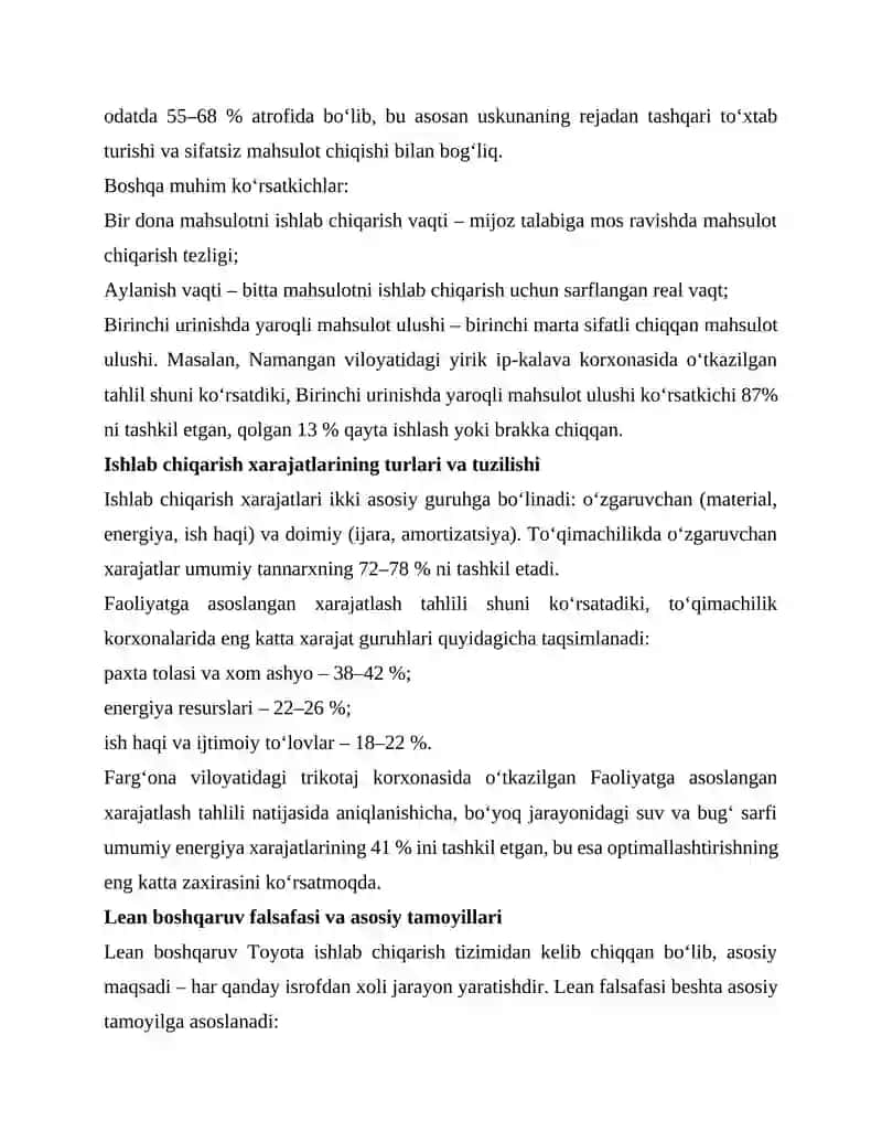 Operatsion samaradorlik va ishlab chiqarish xarajatlarini optimallashtirish. 4