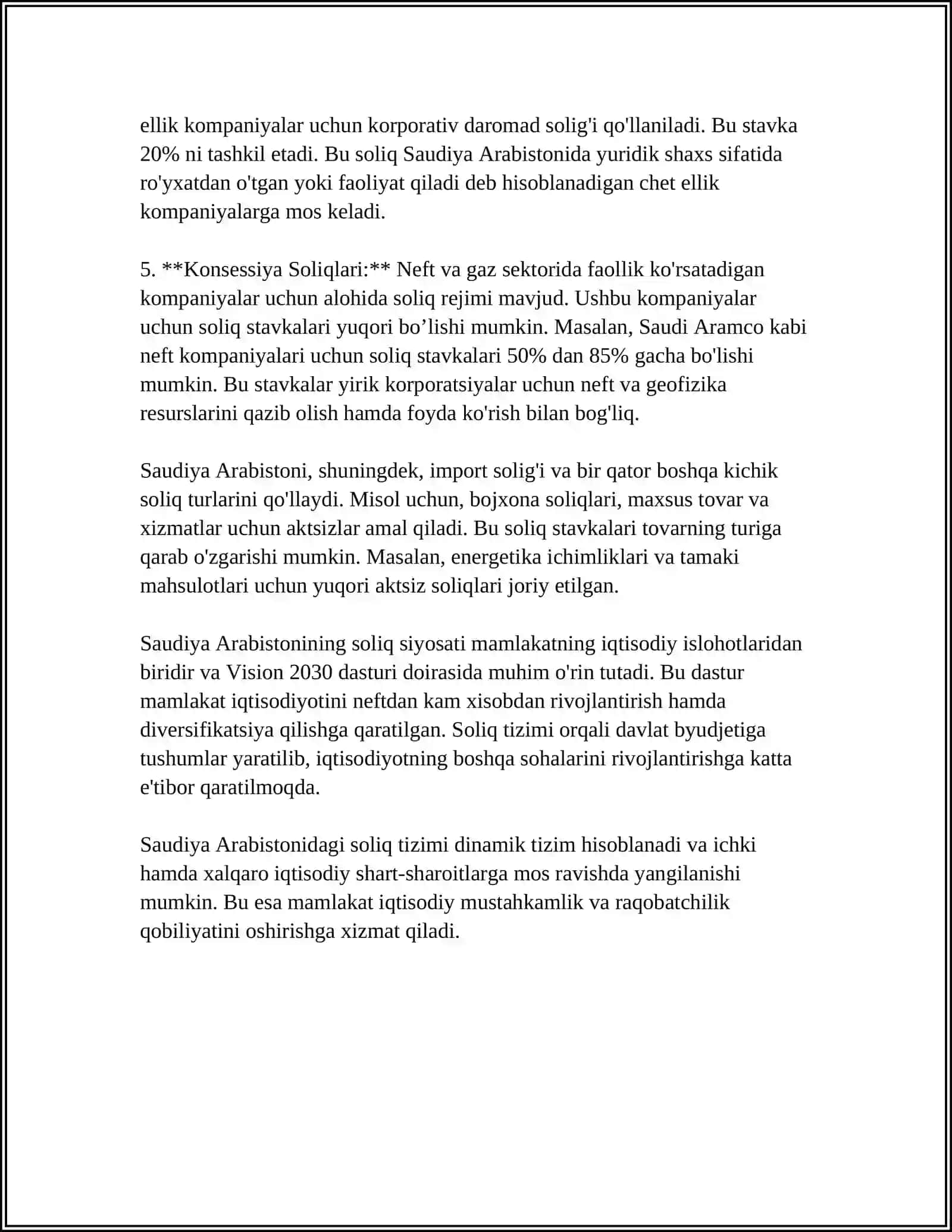 SAUDIYA ARABISTONI SOLIQ TIZIMI: SOLIQ TURLARI, SOLIQ STAVKALARI, TIZIMINING O'ZIGA XOS XUSUSIYATLARI VA O'ZBEKISTON RESPUBLIKASI SOLIQ TIZIMI BILAN O'XSHASH VA FARQLI TOMONLARI 4