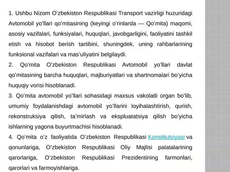 Oʼzbekiston Respublikasi avtomobil yoʻllari rivojlanishi boʻyicha hukumat qarorlari va farmoyishlarini oʼrganish 4