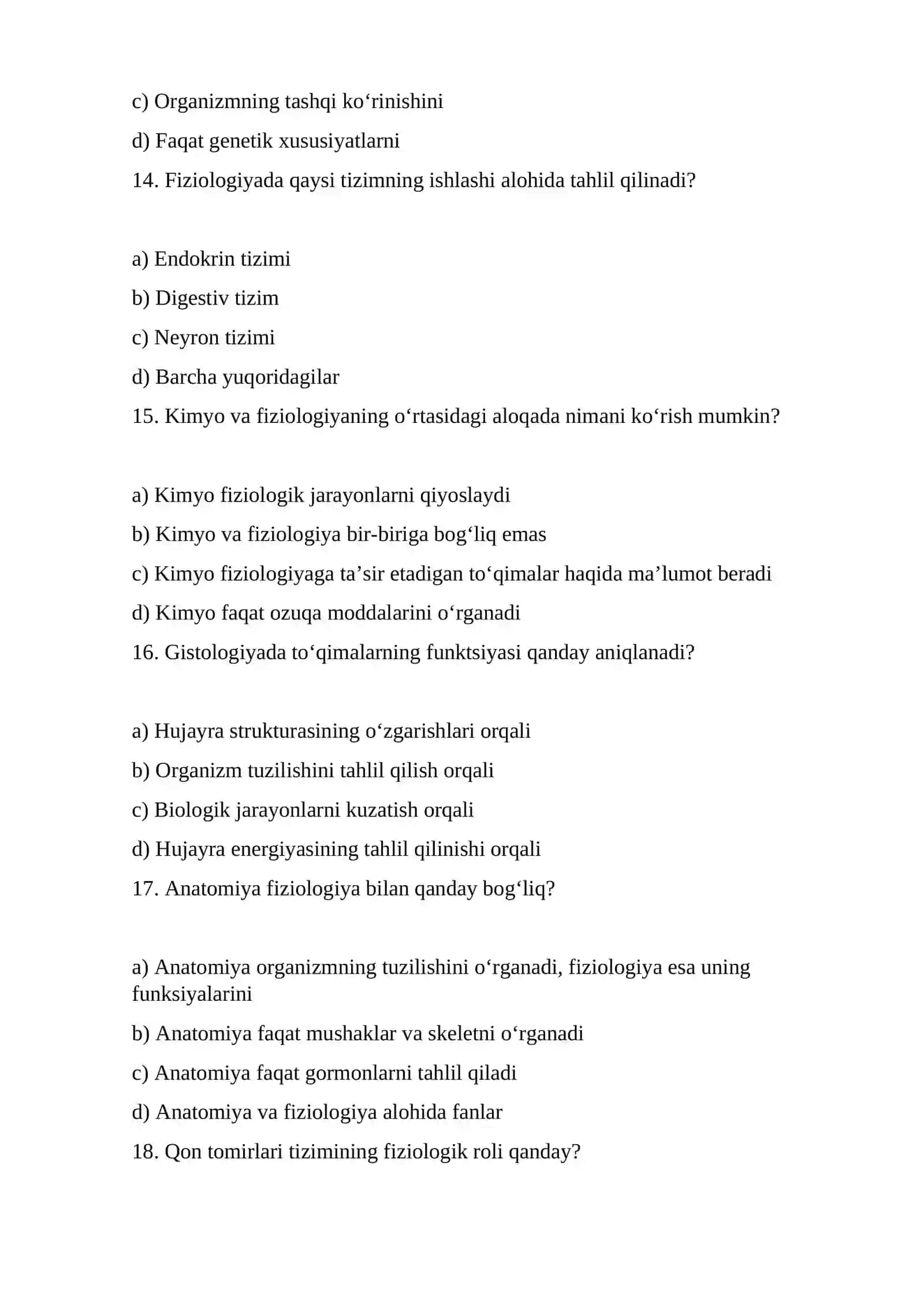 Fiziologiya fanidan tayyorlagan TESTI 4
