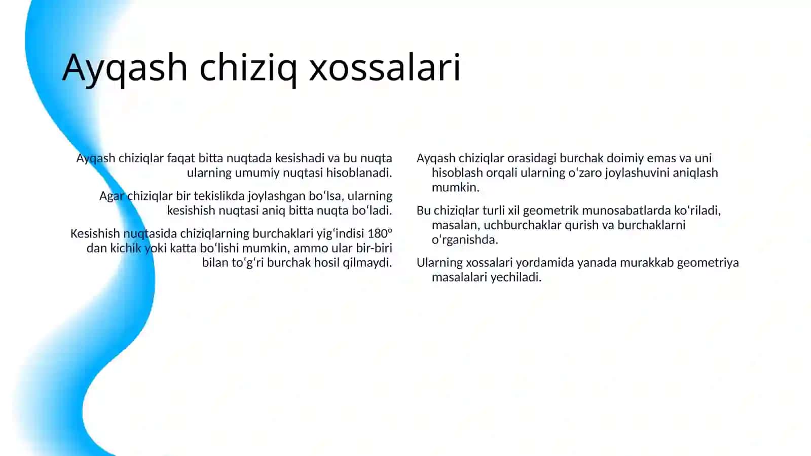 AYQASH TOʻGʻRI CHIZIQLARGA UMUMIY PERPENDIKULYAR MAVJUDLIGI 4