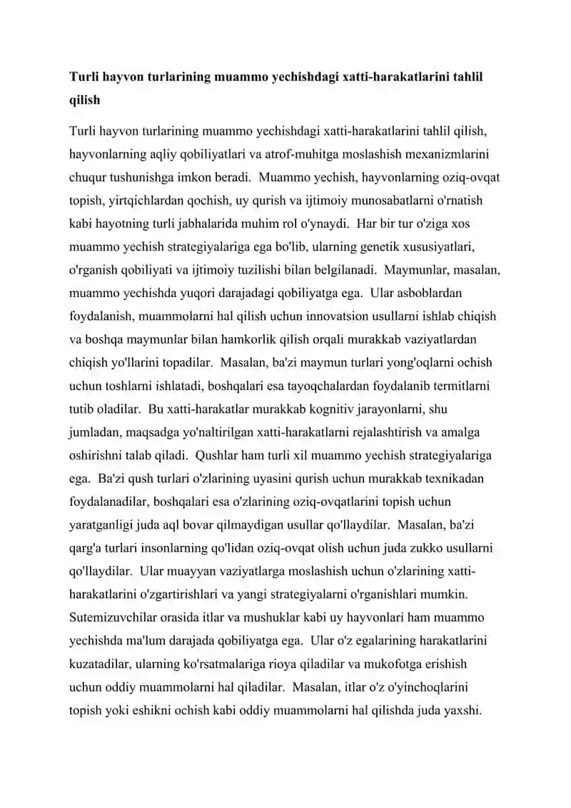 Hayvonlarning muhitga moslashuvchanligi va intellektual qobiliyatlari o'rtasidagi bog'liqlikni o'rganish 4