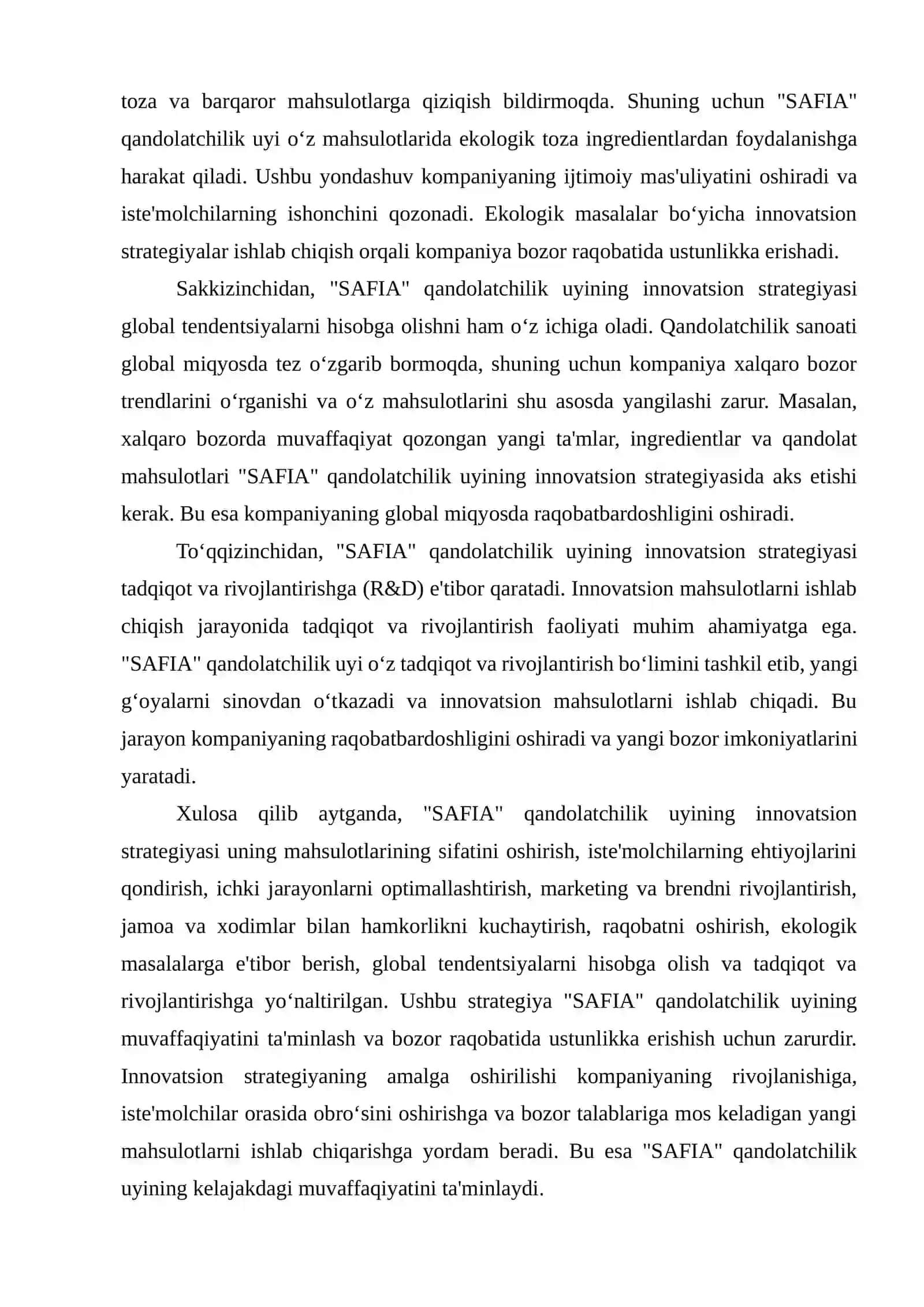 "SAFIA" qandolatchilik uyi mahsulotlarining innovatsion strategiyasini shakllantirish va amalga oshirish mexanizmlarini tahlil qilish haqida 4
