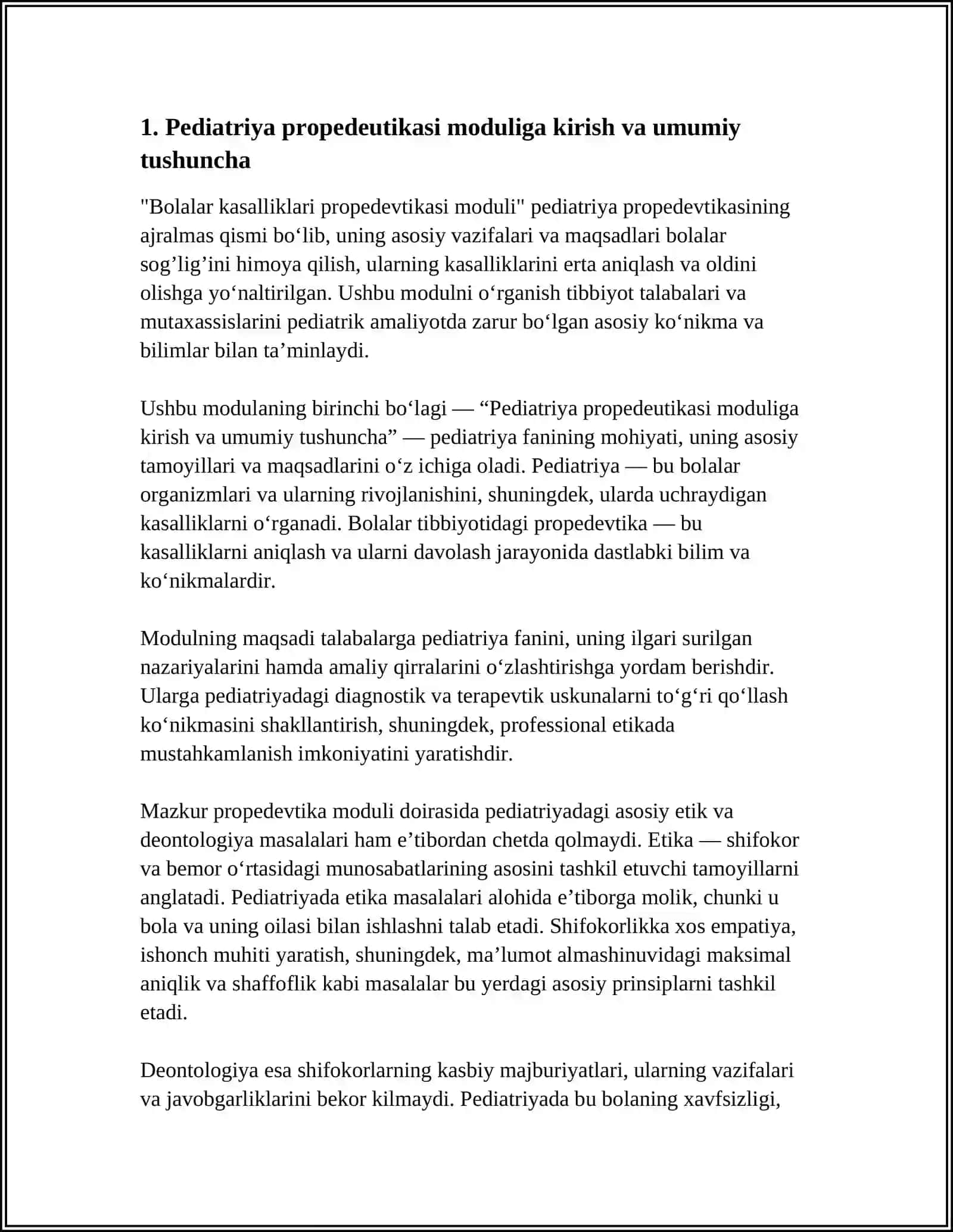 BOLALAR KASALLIKLARI PROPEDEVTIKASI MODULIGA KIRISH, MODULNING MAQSAD VA VAZIFALARI. PEDIATRIYADA ETIKA VA DEONTOLOGIYA MASALALARI 4