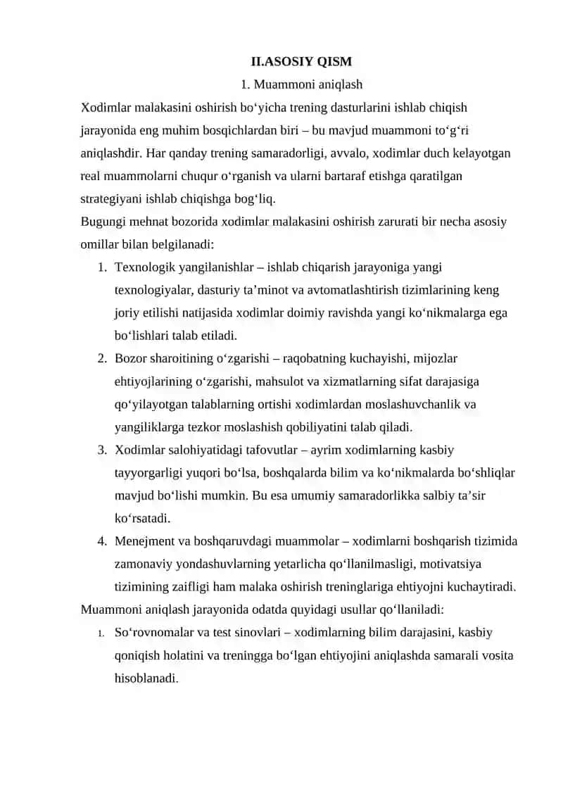 Xodimlar Malakasini Oshirish Boʻyicha Trening Dasturi Ishlab Chiqish, Muammoni Aniqlash va Yechimlarni Loyiha Shaklida Tayyorlash 4
