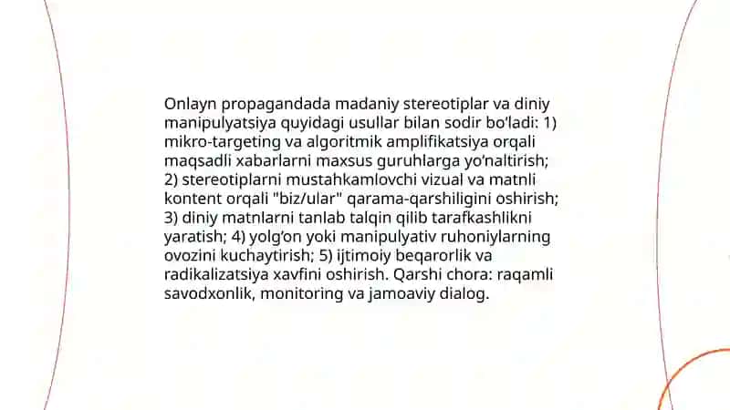 Shaxsga yoʻnaltirilgan axborot psixologiyasi Diniy va madaniy tahdidlar 4