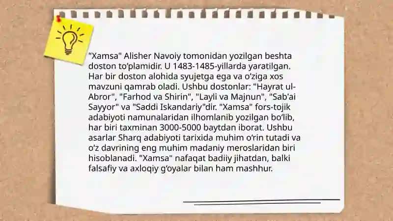 Epik asarlar tahlili,matn ustida ishlash yoʻllari.("Xamsa"dostonlari misolida) 4