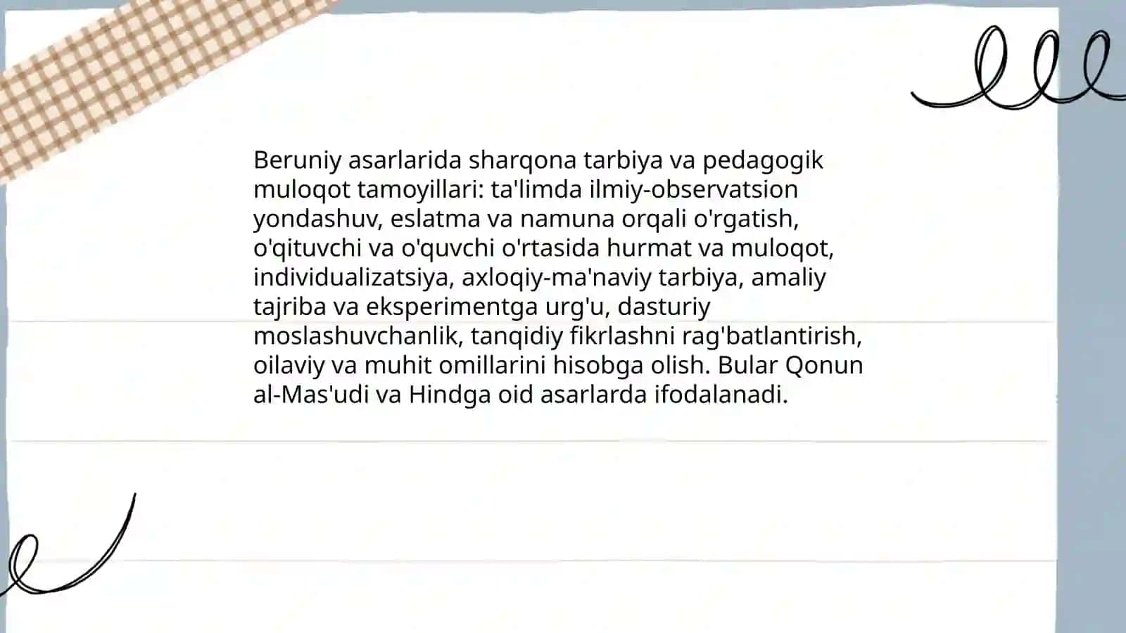Abu Rayhon Beruniy, Abu Nasr Forobiy va Alisher Navoiyning sharqona tarbiya va pedagogik muloqot haqida yozilgan asarlari va uning ta'lim -tarbiyaga doir fikrlari 4