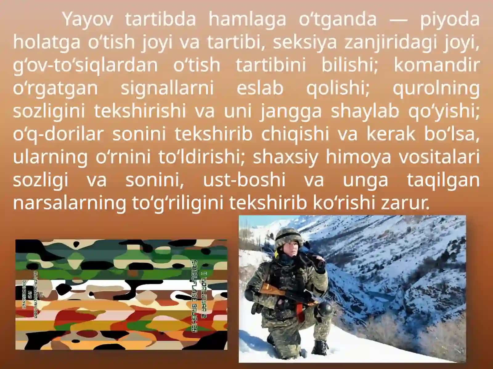 Pozitsiyagayorib kirgan dushmanni yo‘q qilish Askarning tungi hujumdagi harakati va suv to‘siqlaridan o‘tishi 4