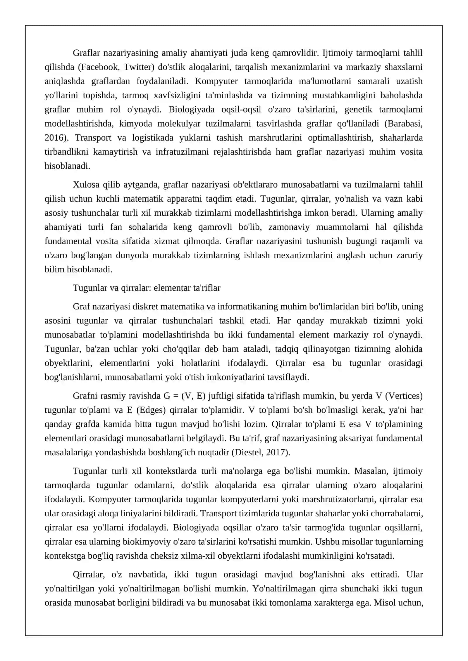 GRAFLAR. ASOSIY TUSHUNCHALAR: TUGUNLAR, QIRRALAR, VAZNLI VA VZANSIZ GRAFLAR, YO'NALTIRILGAN VA YO'NALTIRILMAGAN GRAFLAR 4