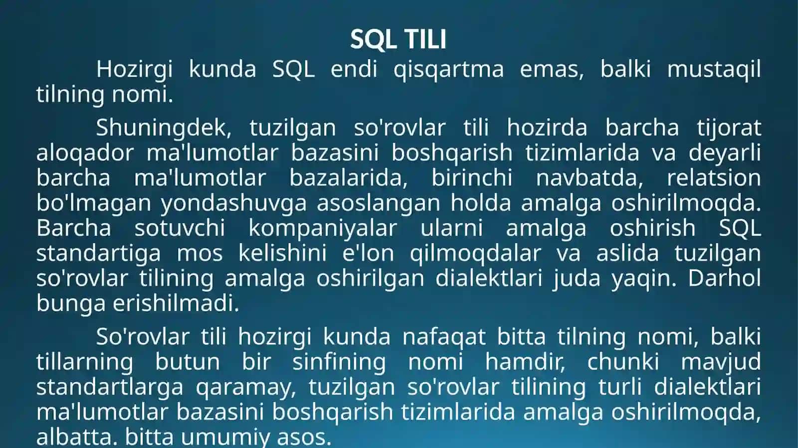 SQL TILI OPERATORLARI.MA’LUMOTLARNIMANIPULYATSIYA QILISH 4
