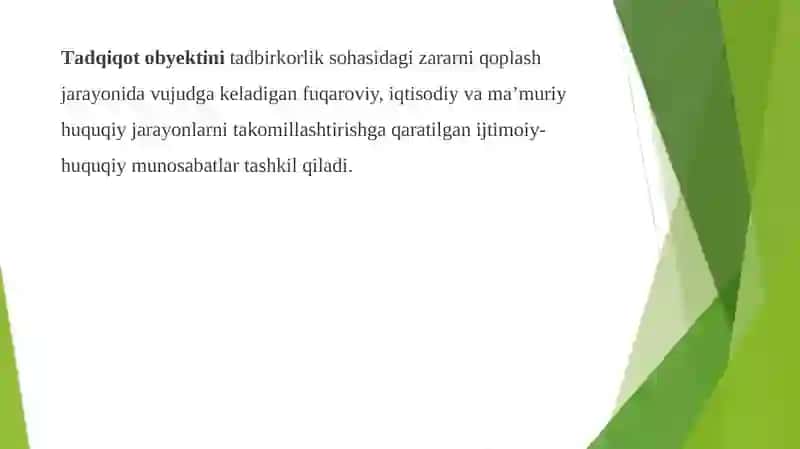 TADBIRKORLIK SOHASIDAGI ZARARLARNI QOPLASH – HUQUQLARNI HIMOYA QILISH SHAKLI SIFATIDA 4