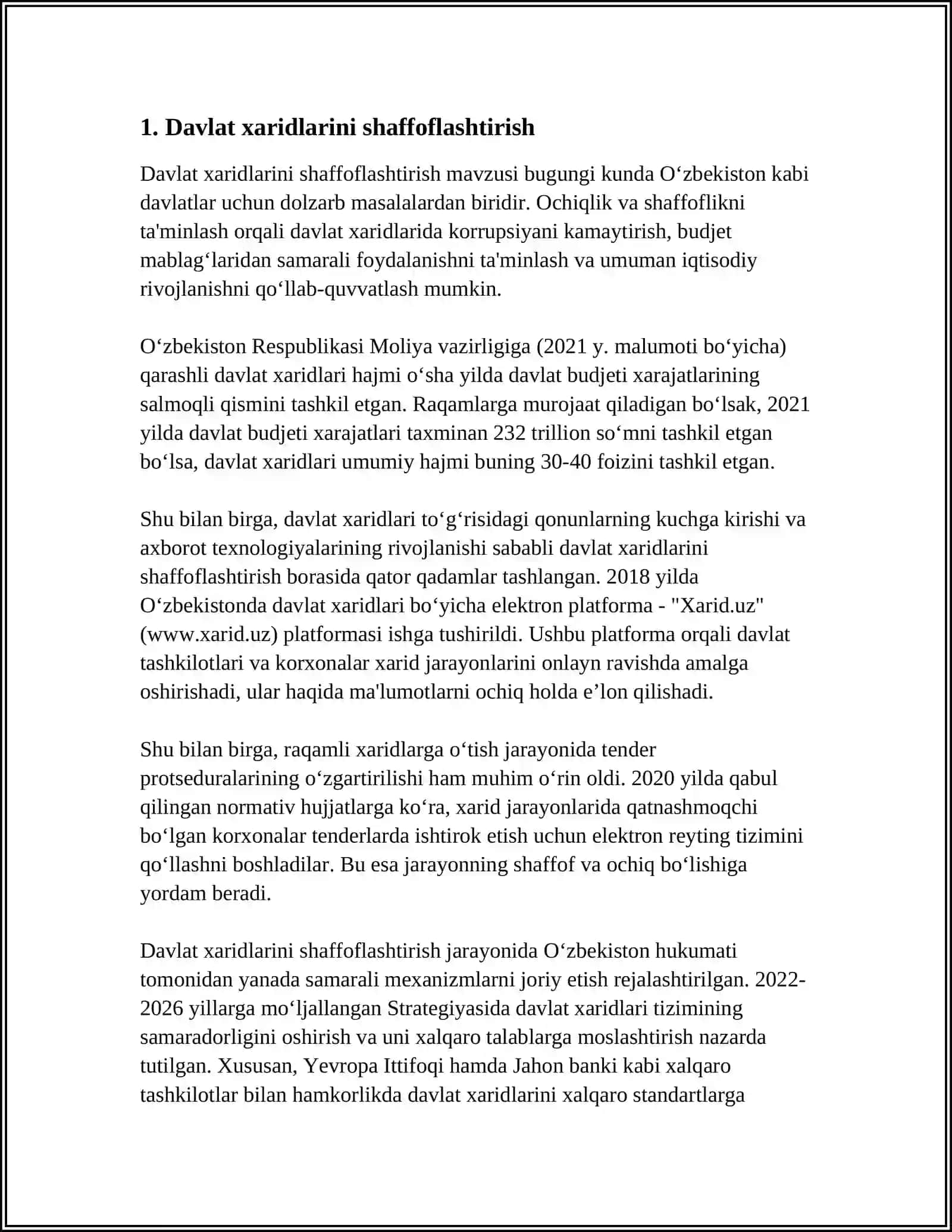 OʻZBEKISTON RESPUBLIKASIDA DAVLAT XARIDINI ISLOH ETISH BORASIDA HUKUMAT TOMONIDAN AMALGA OSHIRILAYOTGAN TADBIRLAR 4