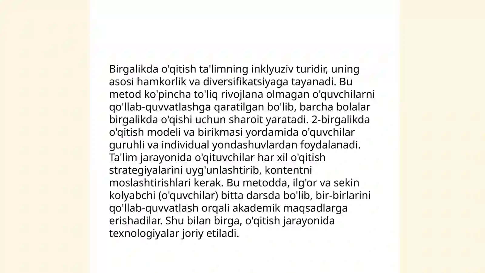 Inklyuziv va birgalikda o'qitish:ularning asosiy farqlarini asoslash 4