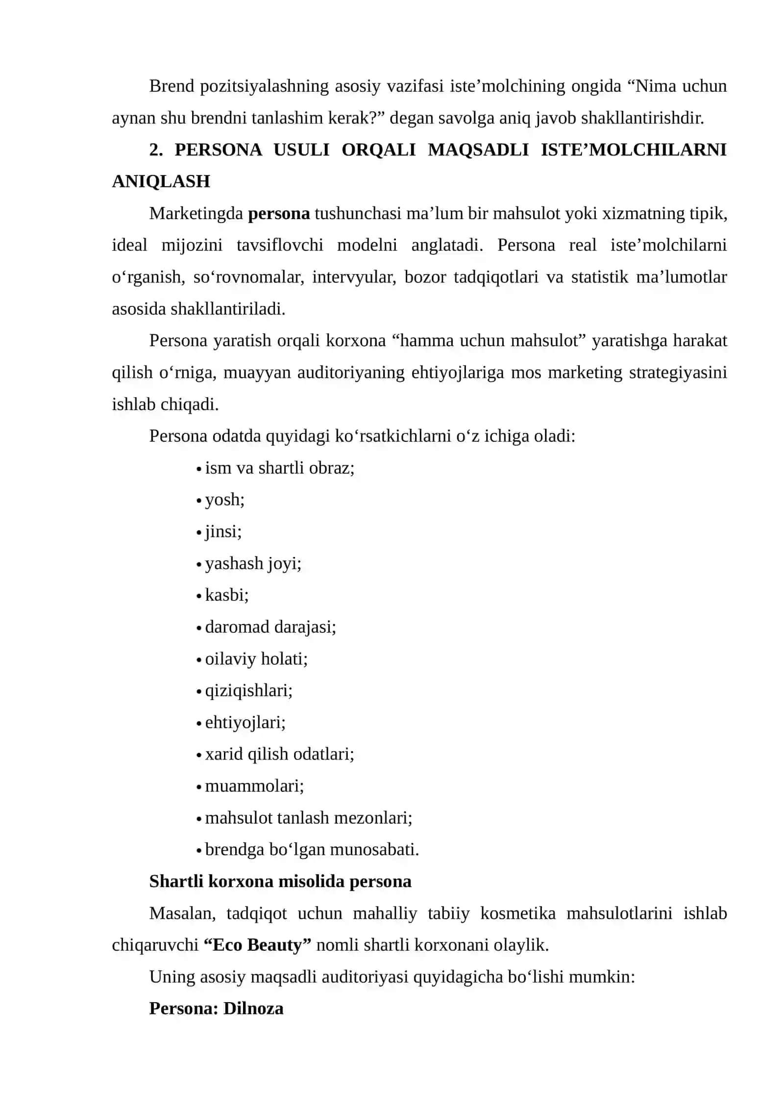 PERSONA, PERCEPTUAL MAP VA SWOT TAHLIL ASOSIDA KORXONANING BREND POZITSIYALASH STRATEGIYASINI ISHLAB CHIQISH 4