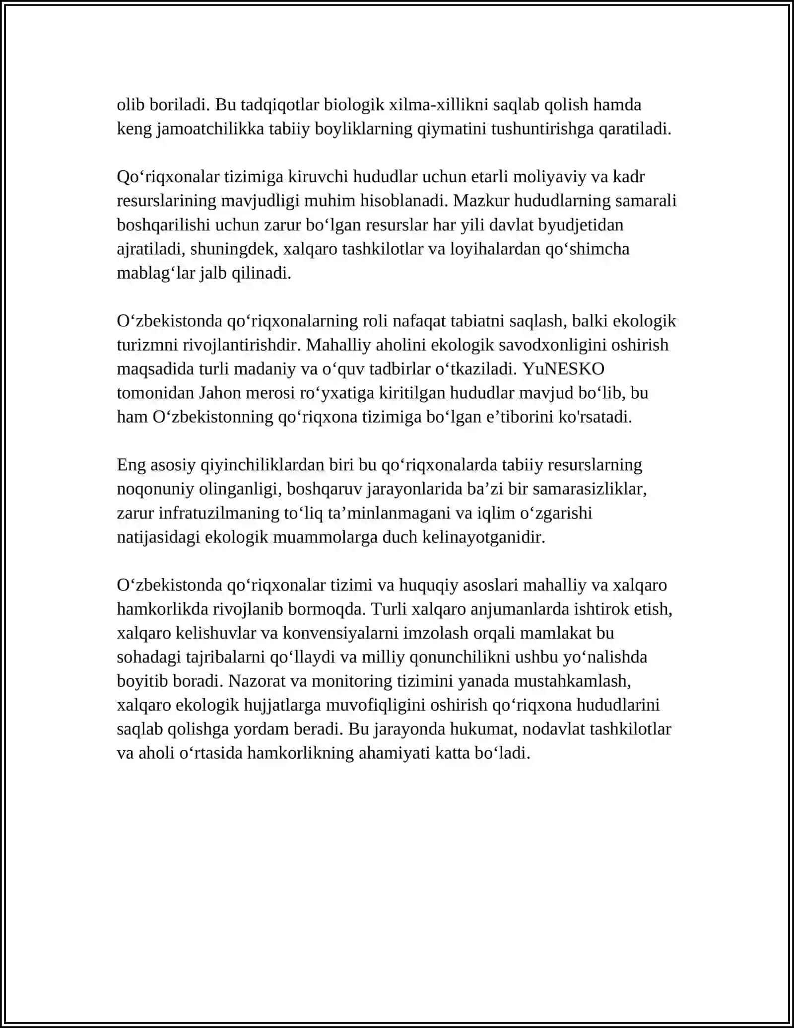 OʻZBEKISTON RESPUBLIKASINING QOʻRIQXONALARI 2025-2026-o'quv yili REFERAT 4