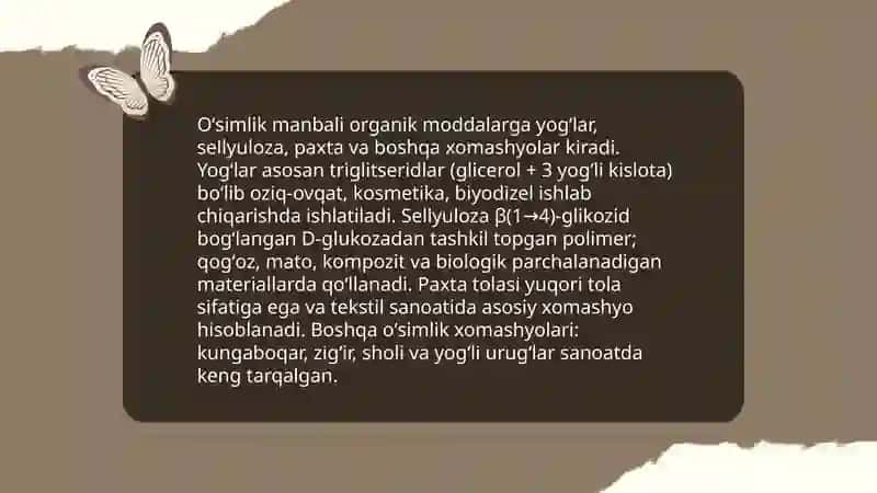 Tabiiy organik xom ashyo-organik moddalar manbai. Noorganik moddalarning tabiiy manba'lari. Kimyo tarixni órganishning axamiyati. Òzbekistonda ishlab chiqariladigan asosiy kimyoviy mahsulotlar 4