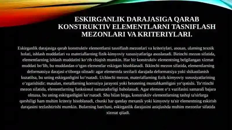 Konstruktiv elementlarning eskirganlik darajasini baholash usullari va standartlari 4