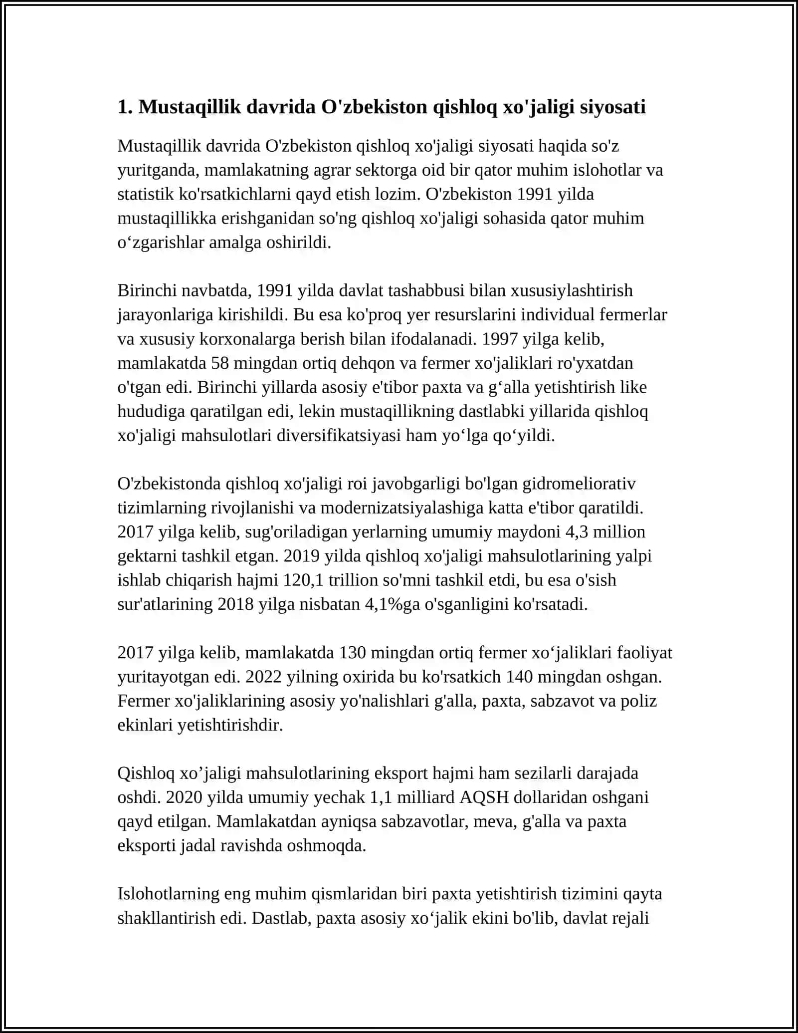 O'ZBEKISTONDA MUSTAQILLIK YILLARIDA QISHLOQ XO'JALIGI VA SANOAT SOHASIDAGI O'ZGARISHLAR 4
