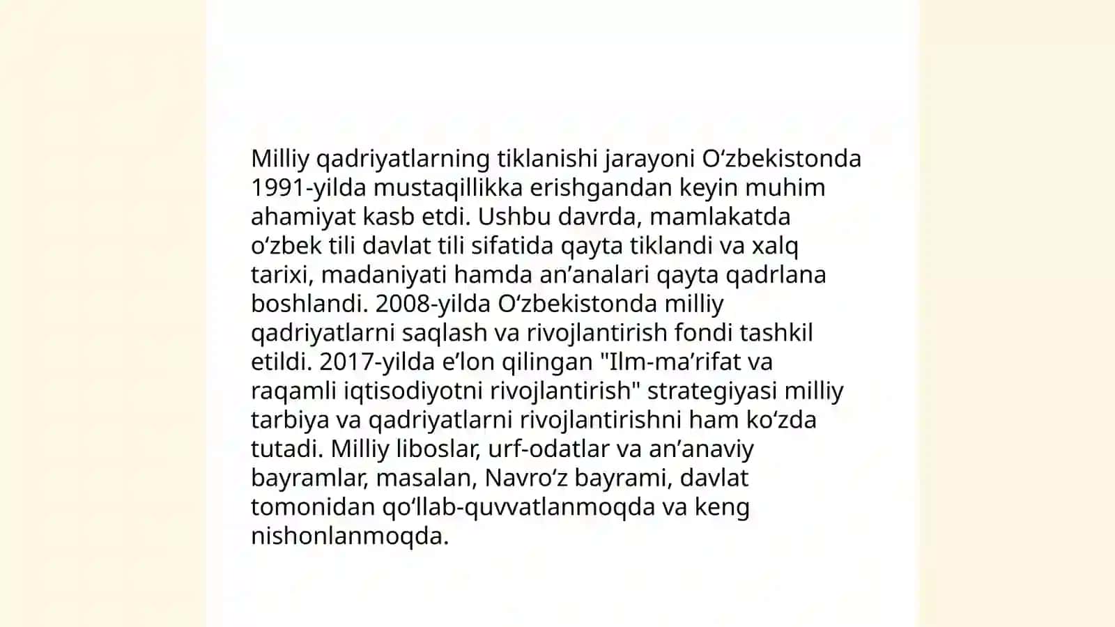 Mustaqillik yillarida Oʼzbekistondagi maʼnaviy va madaniy taraqqiyot 4