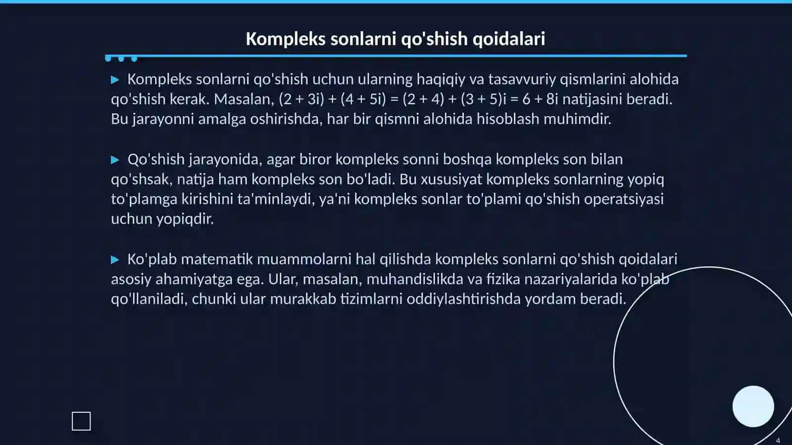 Kompleks sonlarni qo'shish va ayirish 4