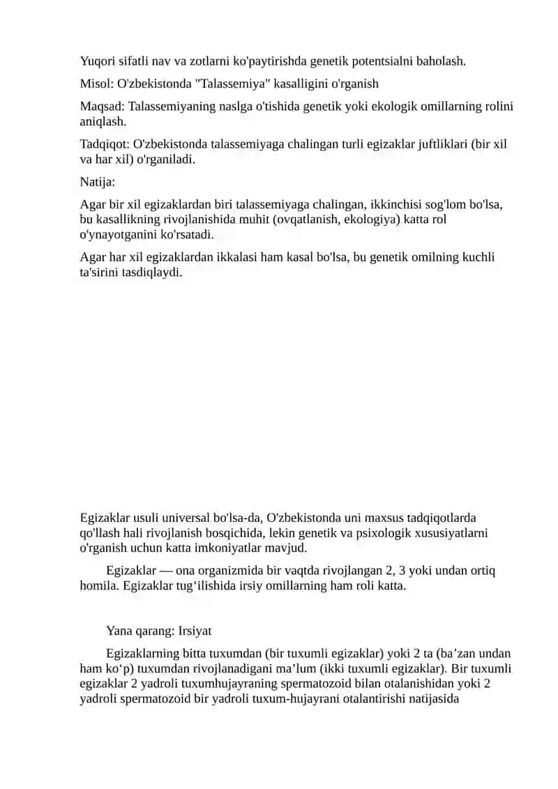 O'zbekistonda egizaklar usulini nimalarni aniqlashda qo'llash mumkin 4