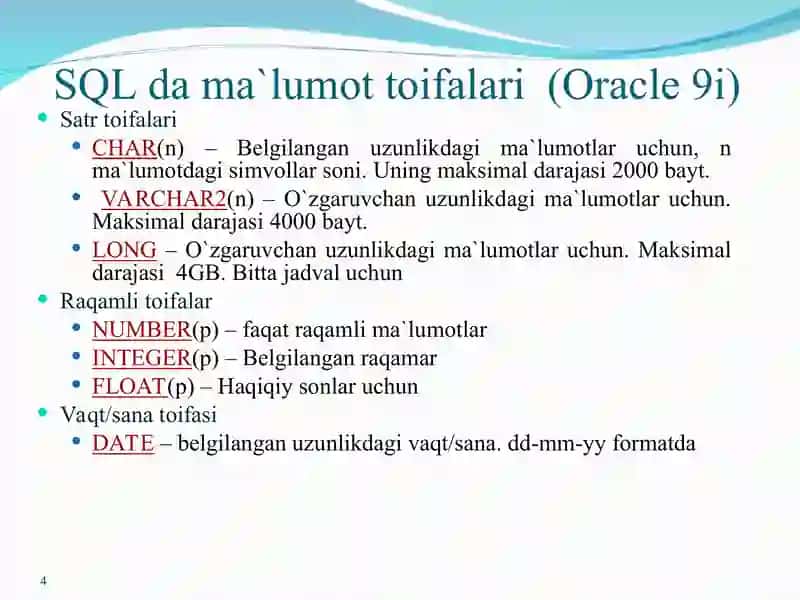 SELECT оpеratоri va uning sintaksisi. Select bo’limi, so’rоvlar ifоdasi. 4