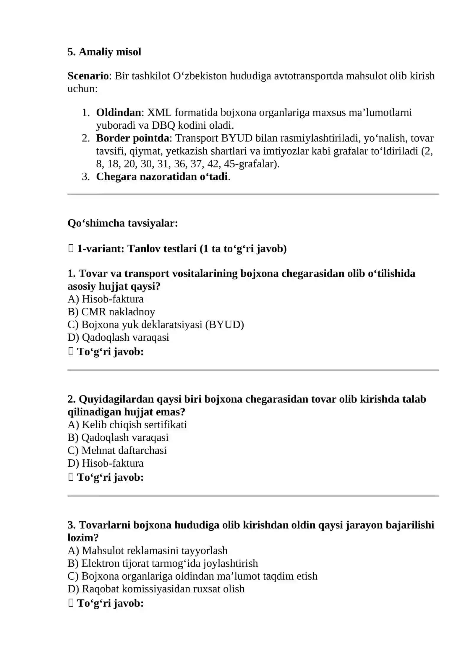 Tovarlar va transport vositalarining bojxona chegarasidan olib o’tish tartibi 4