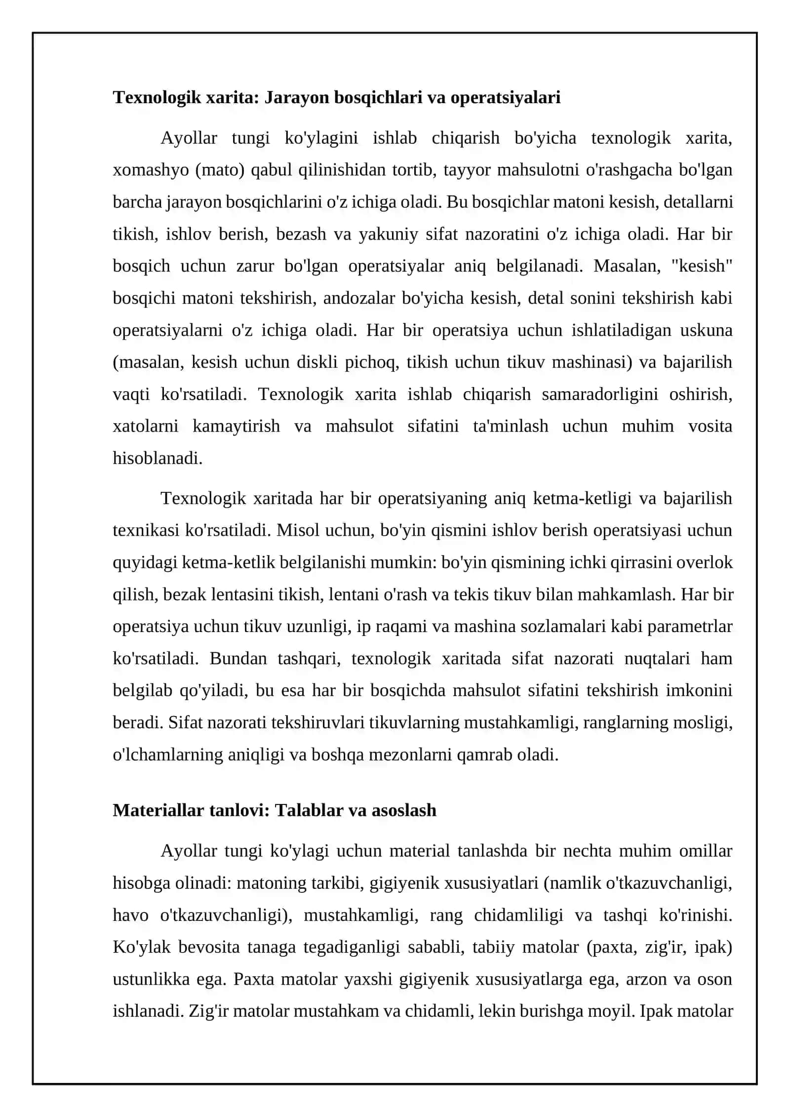 Ayollar tungi ko'ylagining texnologik xaritasini tuzish va maketini yasash 4