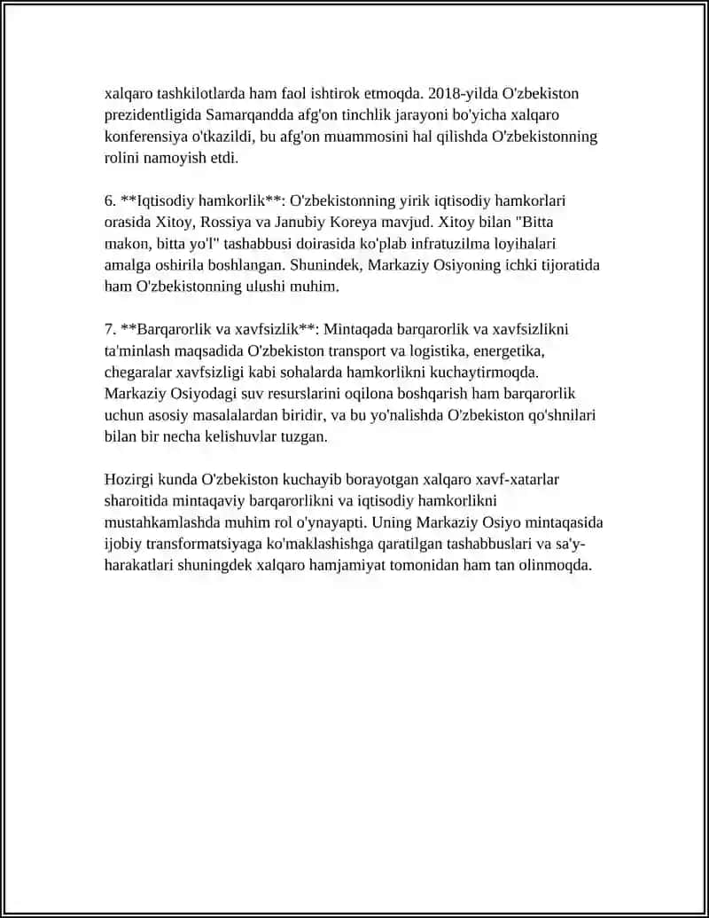 O'ZBEKISTONNING MARKAZIY OSIYODA TINCHLIK VA BARQARORLIKNI TA’MINLASHDAGI O‘RNI 4