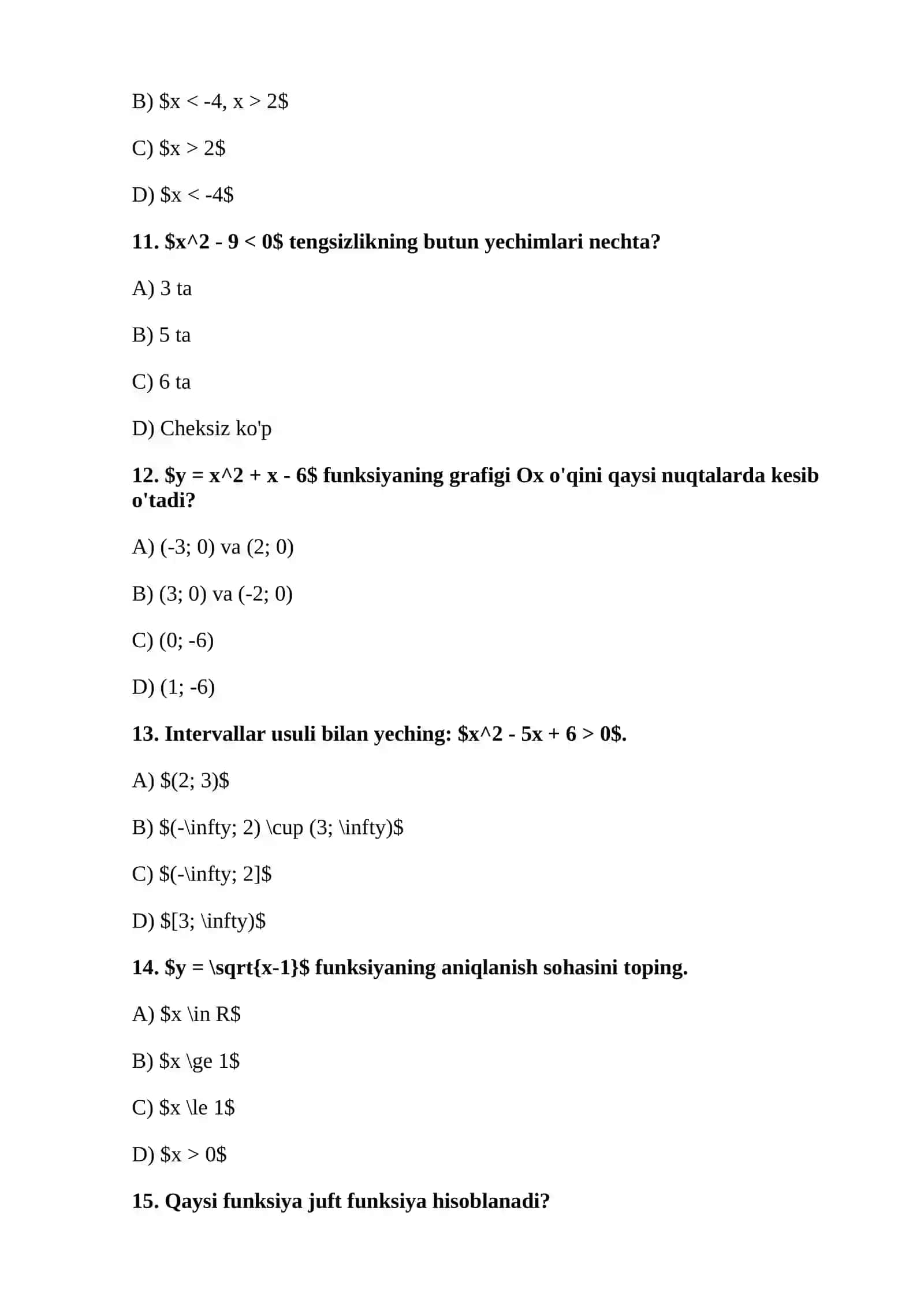 9-sinf Algebra: Barcha boblar bo'yicha testlar to'plami 4