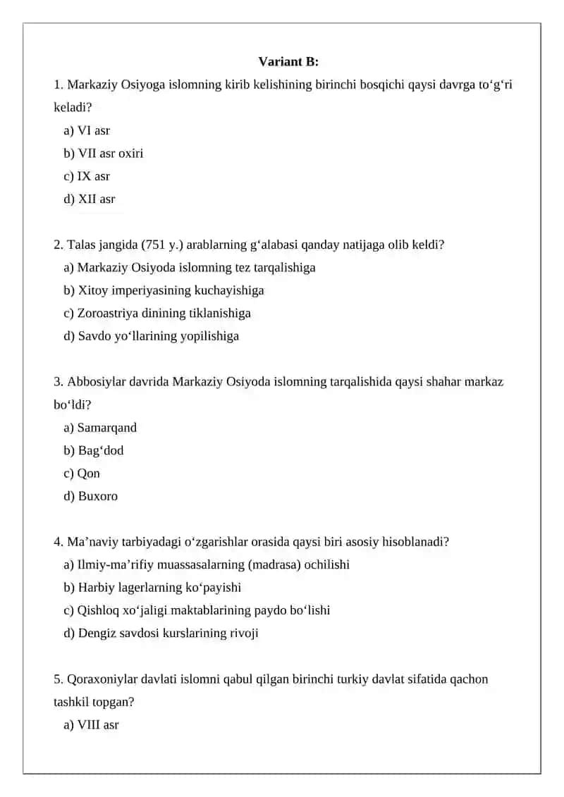 Markaziy Osiyoga islomning kirib kelishi va ijtimoiy-ma’naviy tarbiyadagi o‘zgarishlar Test 4