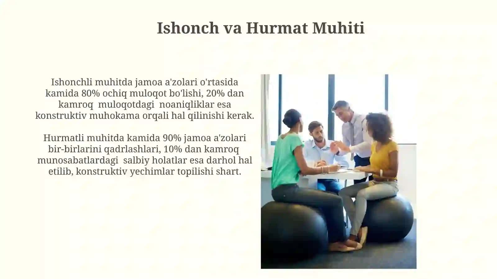 Jamoalararo soĝlom muhit yaratish.Jamoani boshqarish usullari 4