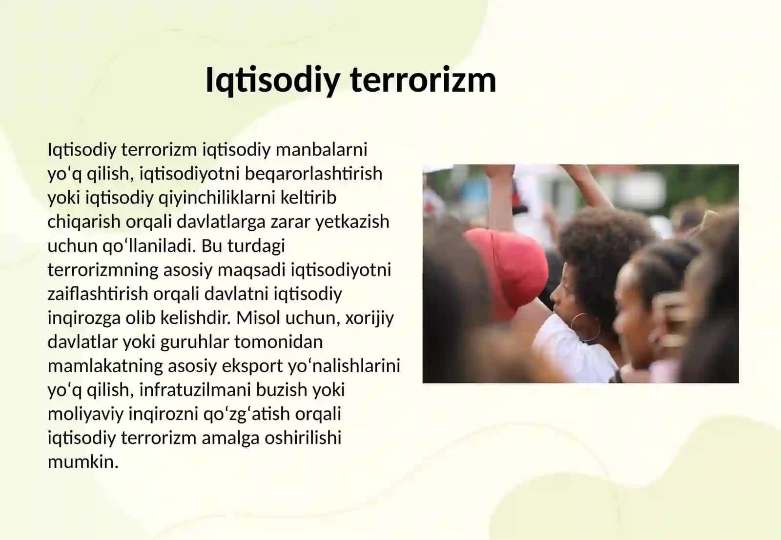 Terrorizmning turlari (siyosiy, iqtisodiy, ijtimoiy, diniy) 4