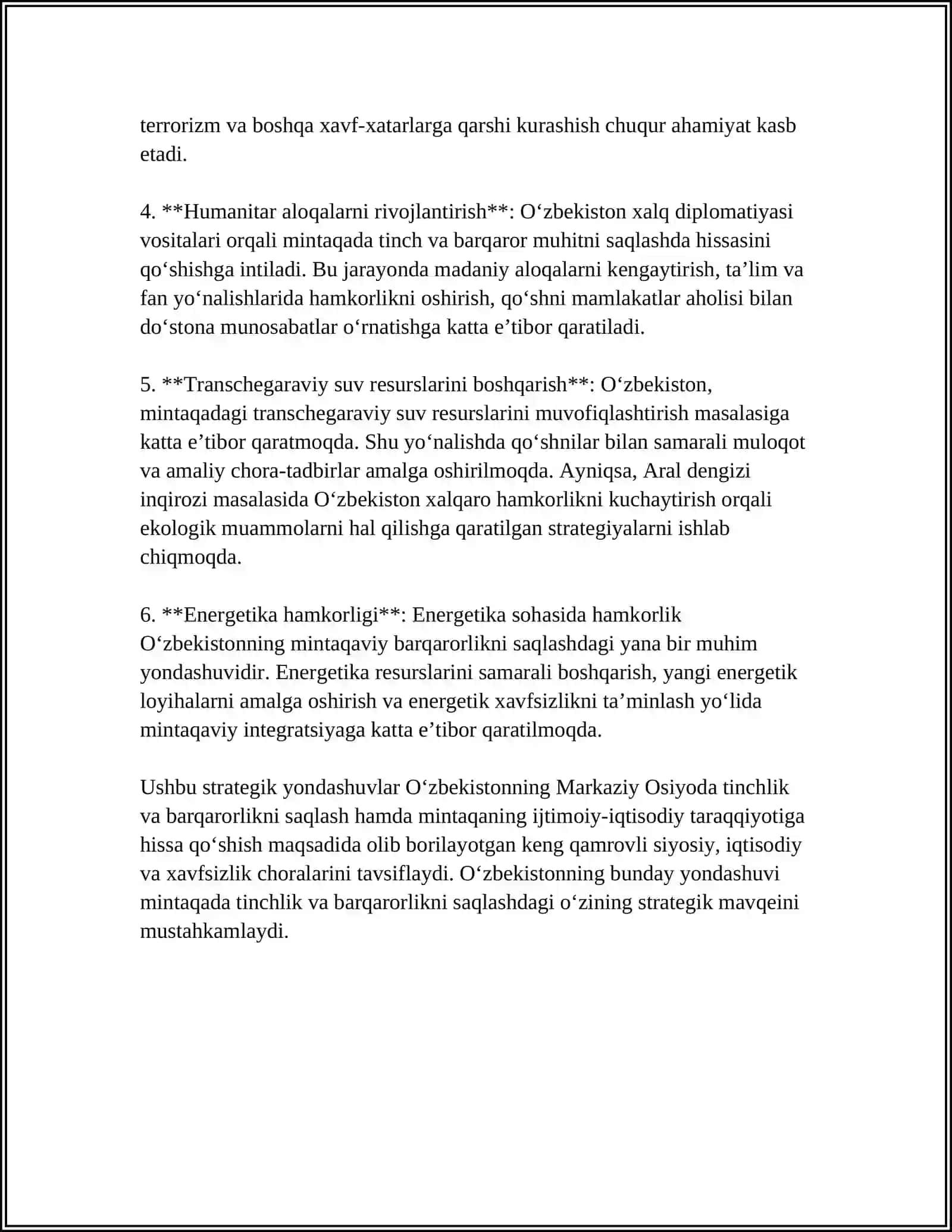 O'ZBEKISTONNING MARKAZIY OSIYODA TINCHLIK VA BARQARORLIKNI TA'MINLASHDAGI O'RNI 4
