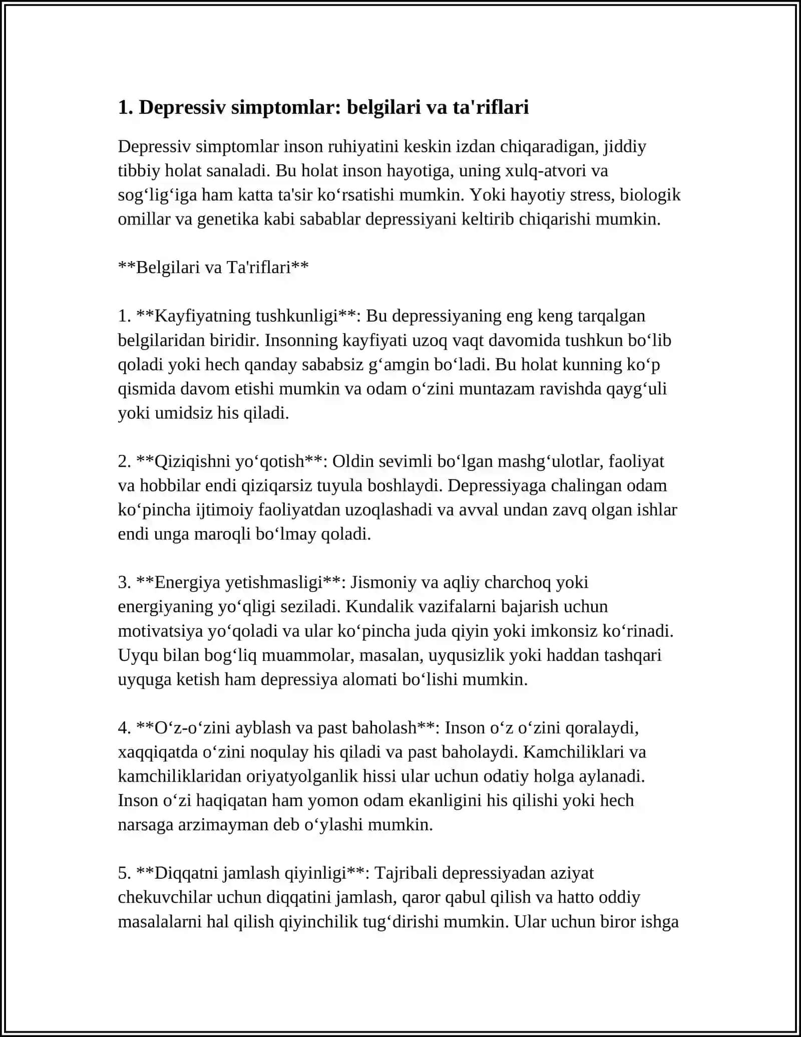 DEPRESSIV SIMPTOMATIKA DIAGNOSTIKASIGA OID TESTLAR, METODIKALARNI O’TKAZISH, NATIJALARNI TAHLIL QILISH 4